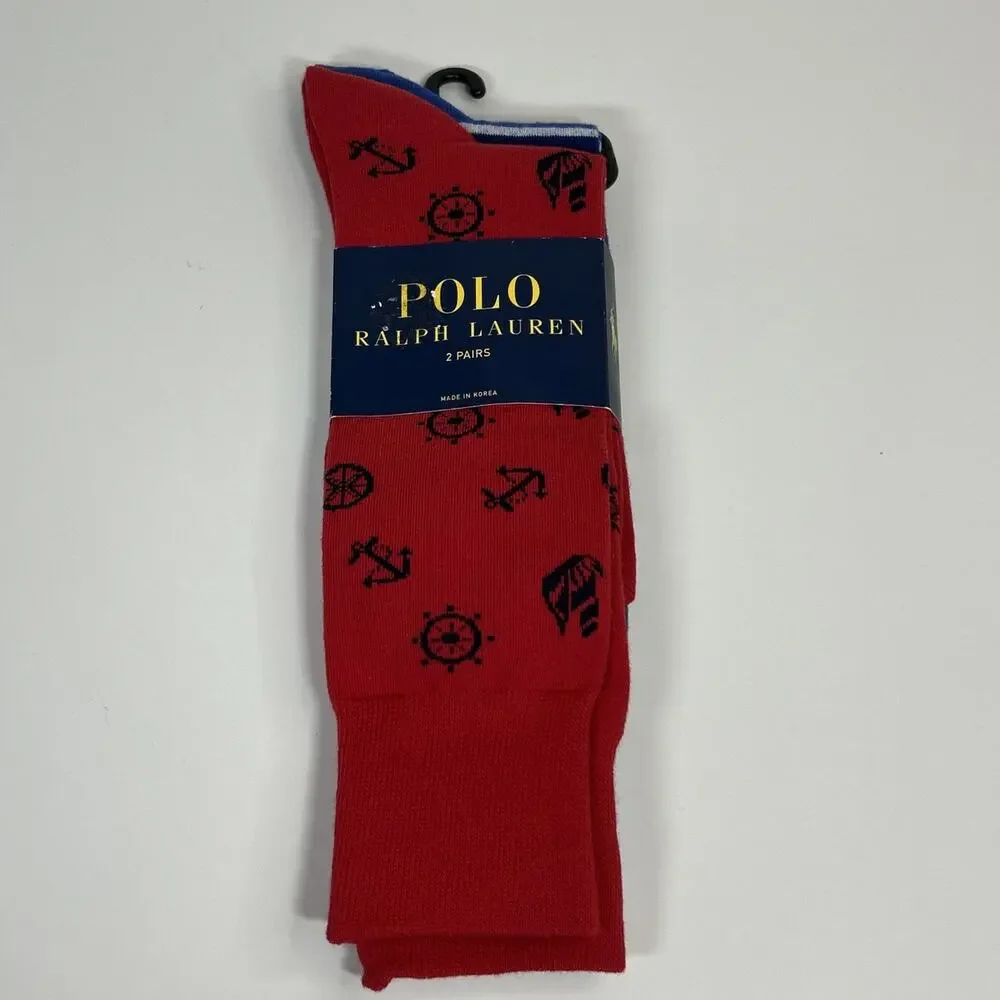 Polo Ralph Lauren Men's 2 Pack Socks 10-13 Nautical Sailboat Anchor Red Blue New